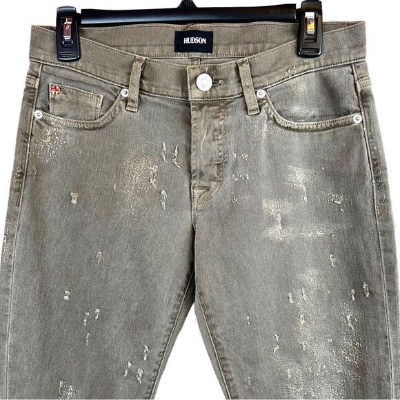 HUDSON The Riley Distressed Cropped Jeans in Light Olive Green Women's Size 27 - Picture 5 of 12